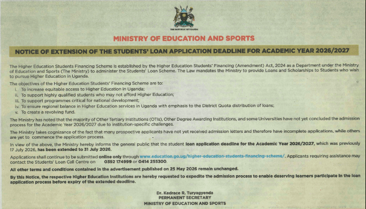NOTICE OF EXTENSION OF THE STUDENTS' LOAN APPLICATION DEADLINE FOR ACADEMIC YEAR 2026/2027